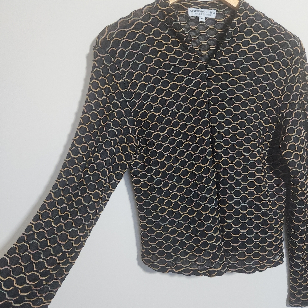 Andria Lieu Collection Quarter Zip Blouse Black Multi Textured Sheer M - Picture 6 of 9
